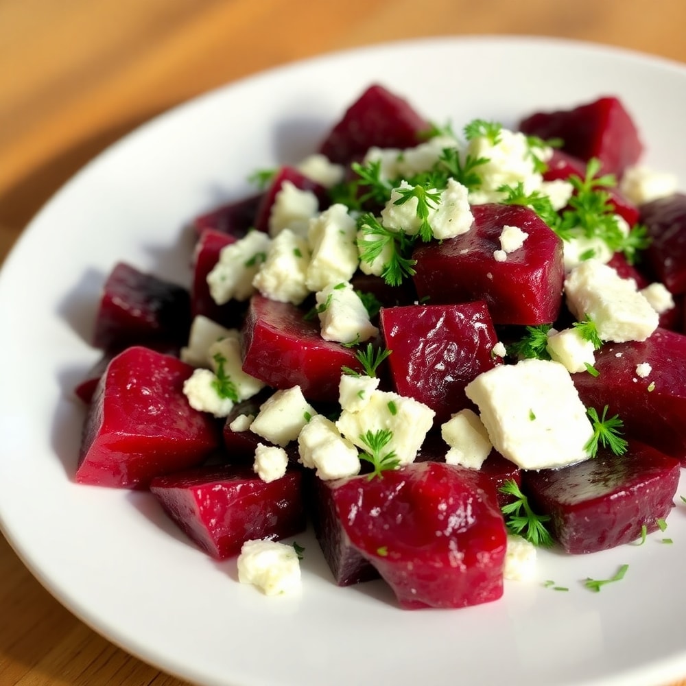 Plated Easy Roasted Beet Salad with Feta and Fresh Dill