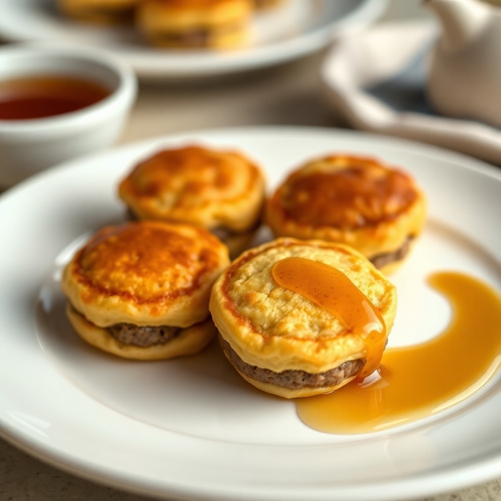One perfect plated serving of Sausage Pancake Bites, with a side of maple syrup, on a white plate, close crop, warm side lighting showing crispy edges