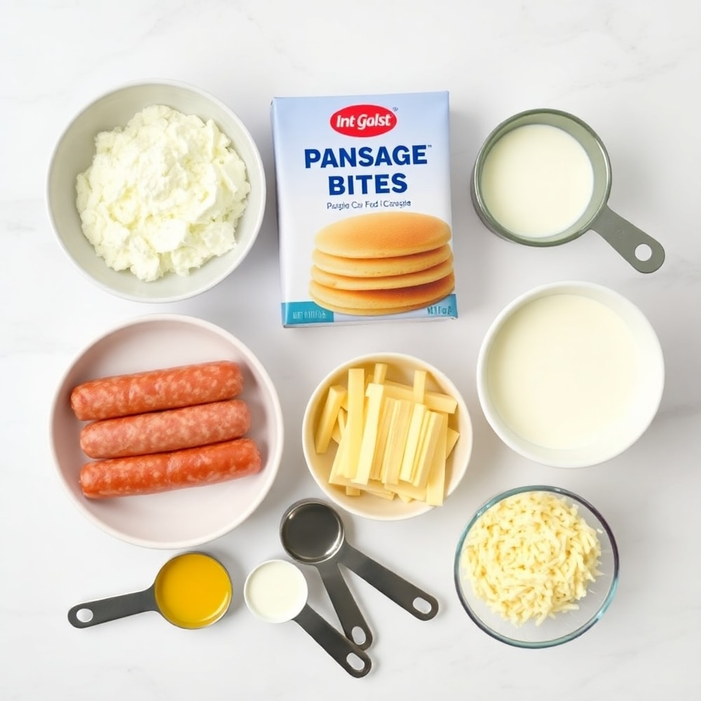 Raw ingredients for Sausage Pancake Bites arranged in an overhead flat lay, including sausage, pancake mix, eggs, milk, and cheese, on a white marble surface with measuring spoons and bowls visible