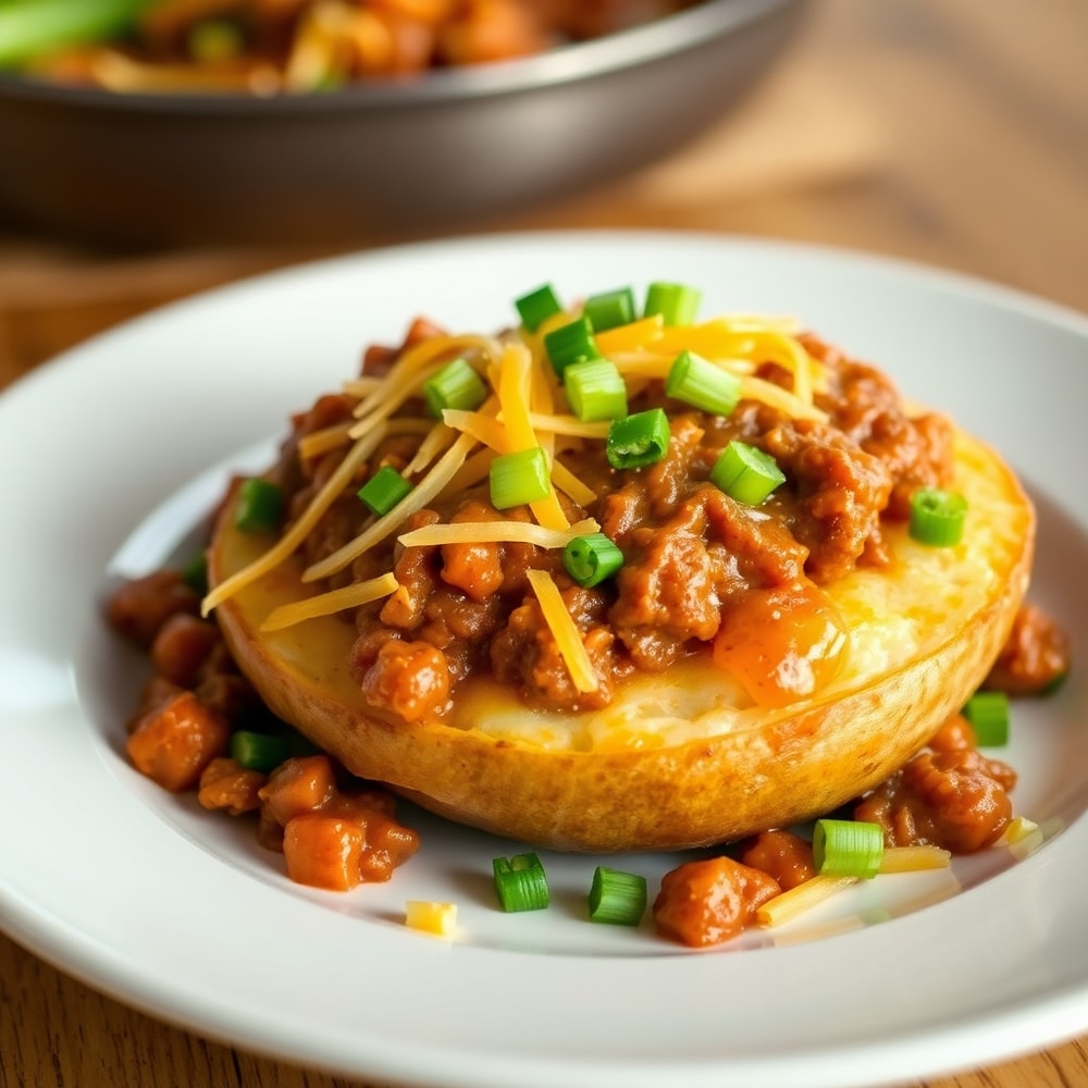 Sloppy Joe Potato Skillet plated with a side of green beans