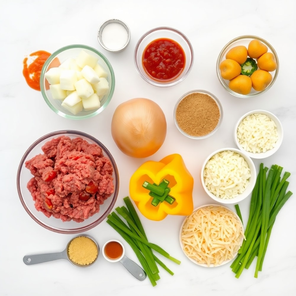 Raw ingredients for Sloppy Joe Potato Skillet on a wooden surface
