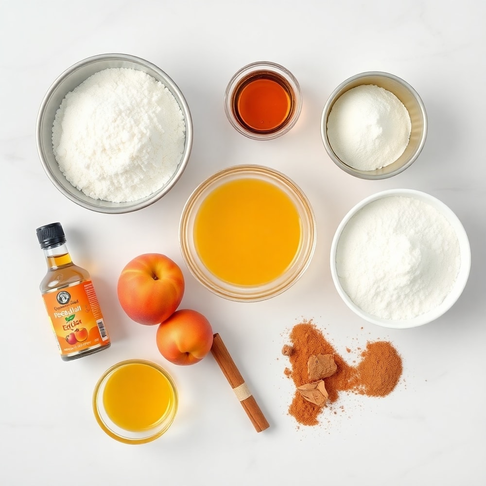 Ingredients for Easy Spiced Peach Bread laid out on a marble counter