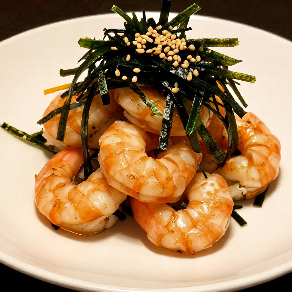 Plated Spicy Shrimp Sushi Stacks with green nori strips and sesame seeds