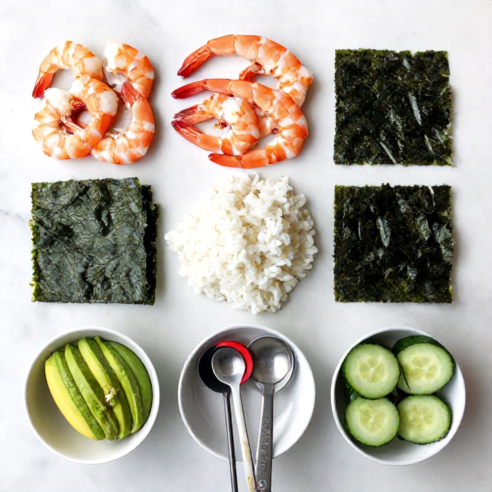 Raw ingredients for Spicy Shrimp Sushi Stacks on a white marble surface