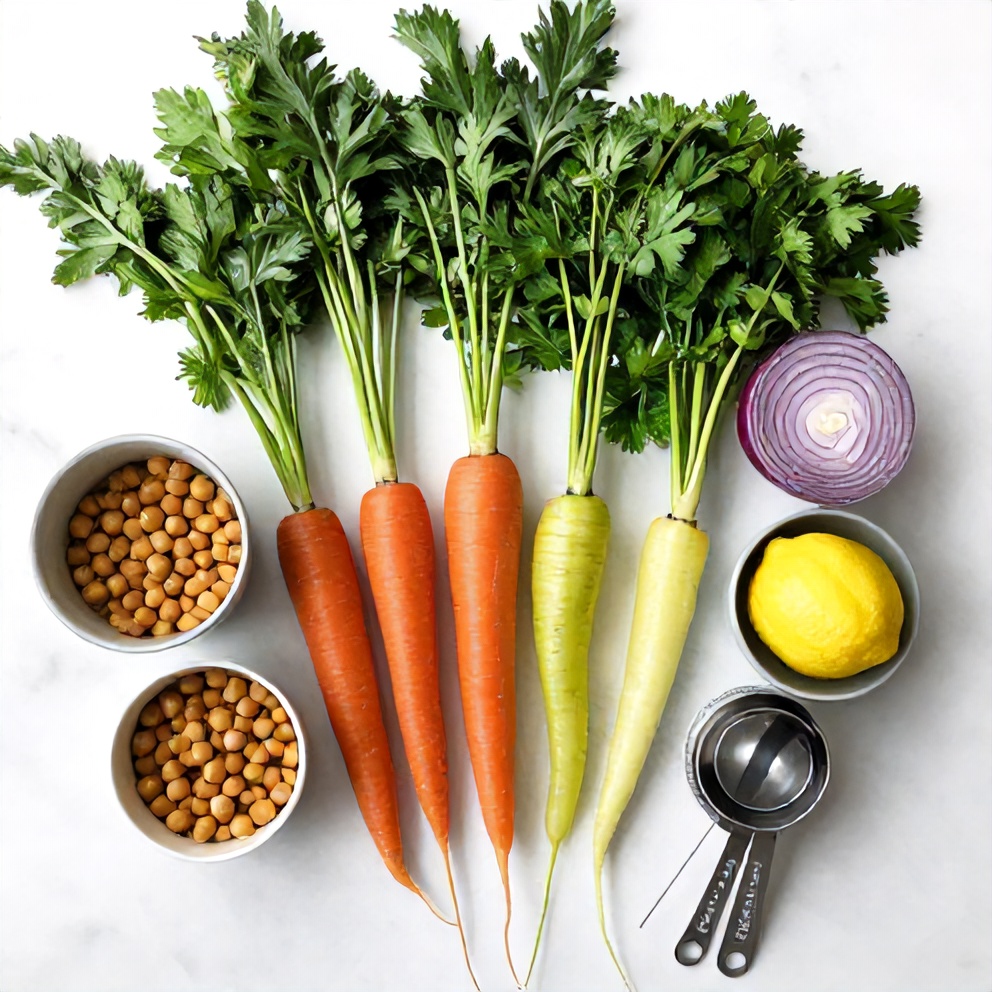 Raw ingredients for Easy Spring Carrot and Chickpea Salad