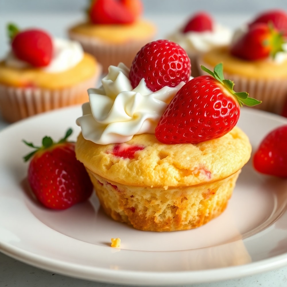 Strawberry Shortcake Muffins with whipped cream and fresh strawberries