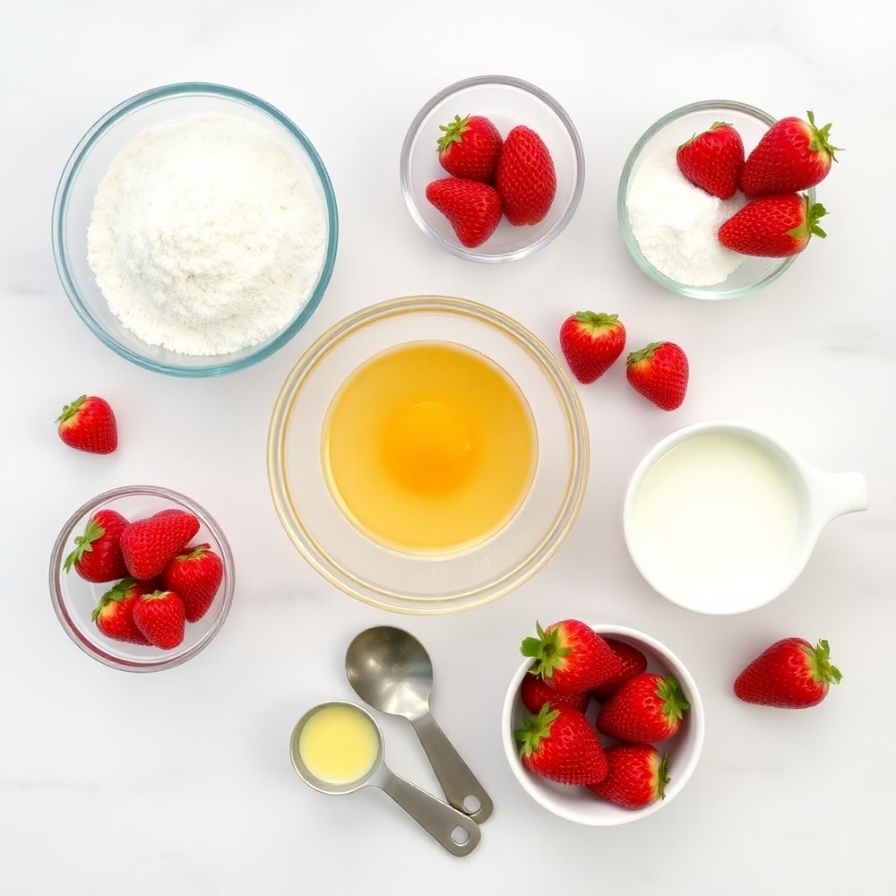 Raw ingredients for Strawberry Shortcake Muffins on a white marble surface