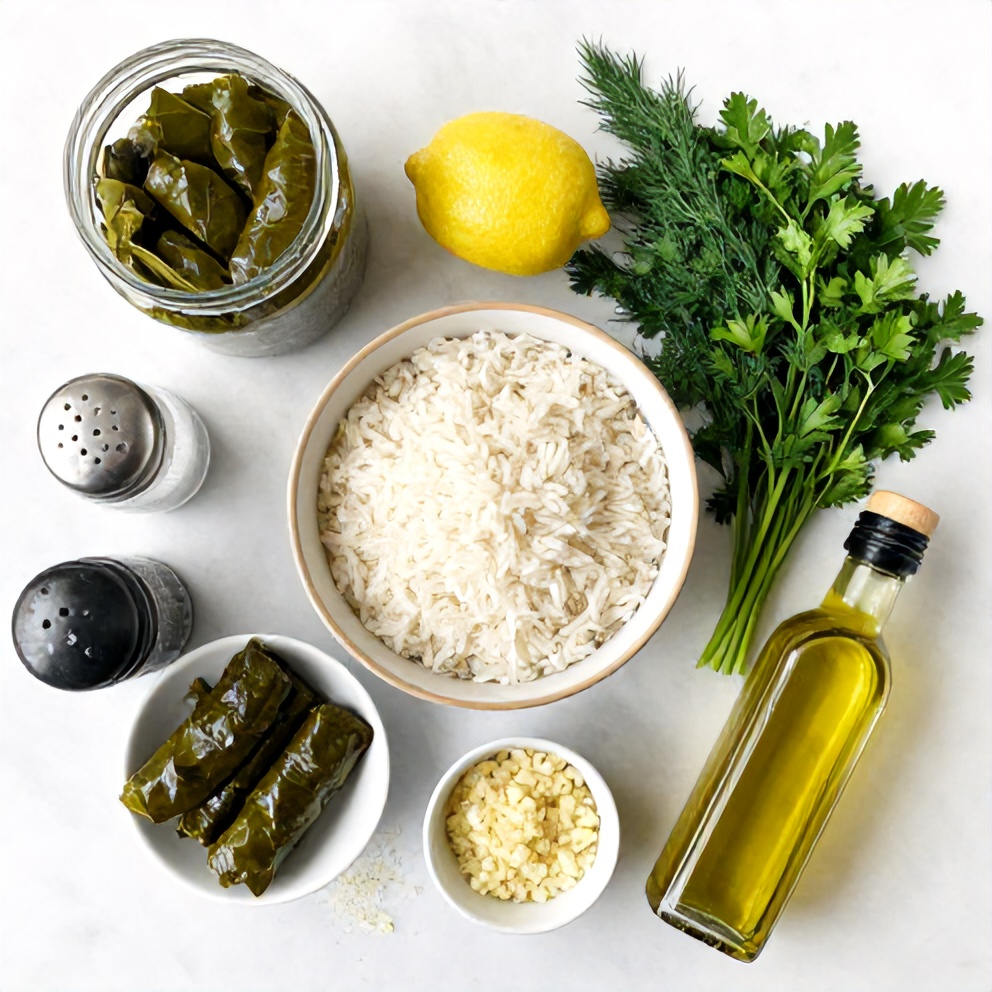 Raw Ingredients for Easy Stuffed Grape Leaves