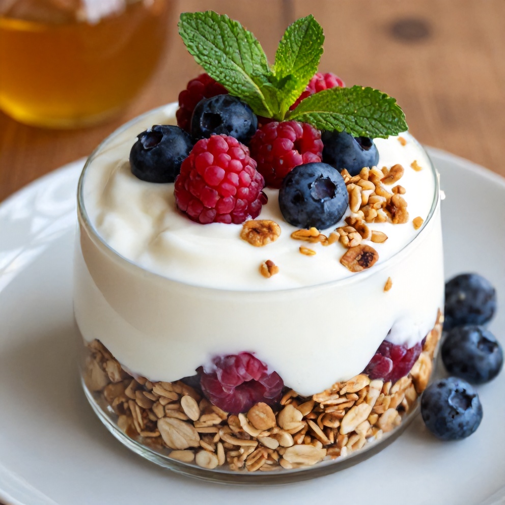 Finished Easy Summer Yogurt Parfait with Fresh Berries and Honey