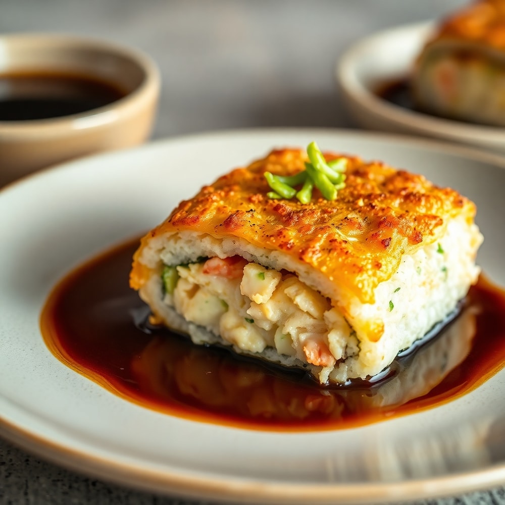Easy Sushi Bake plated with soy sauce and wasabi