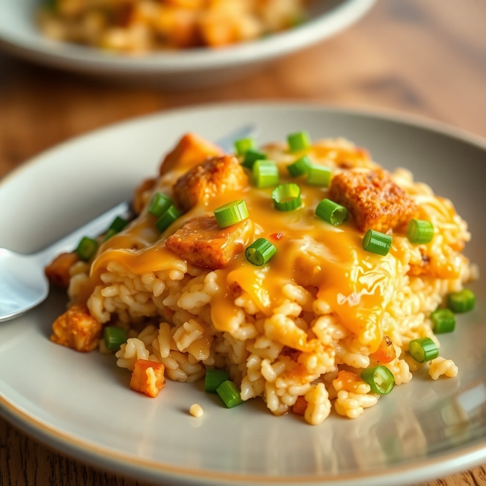 Plated serving of teriyaki tofu rice casserole with green onions and sesame seeds