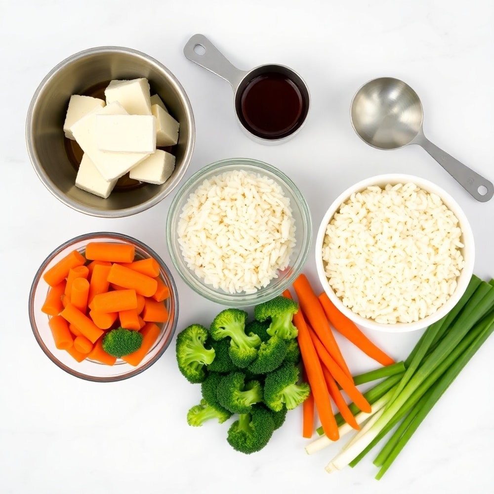 Raw ingredients for teriyaki tofu rice casserole including tofu, rice, and vegetables