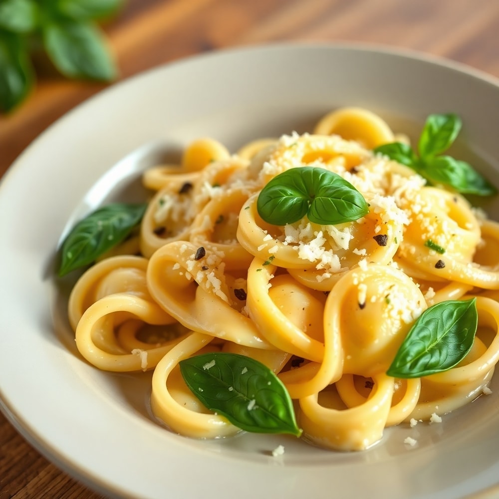 Plated Tortellini Carbonara with fresh basil and grated Parmesan