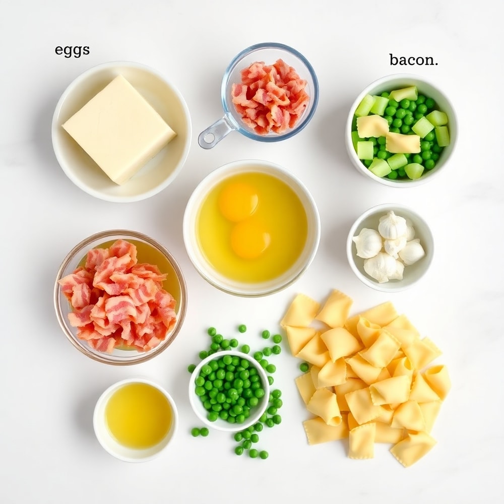 Raw ingredients for Tortellini Carbonara: cheese, eggs, bacon, garlic, peas, tortellini