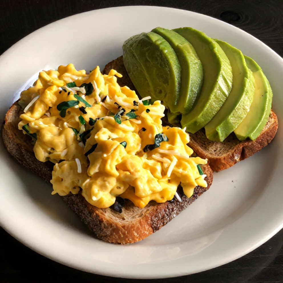 Veggie scrambled eggs on toast with avocado slices