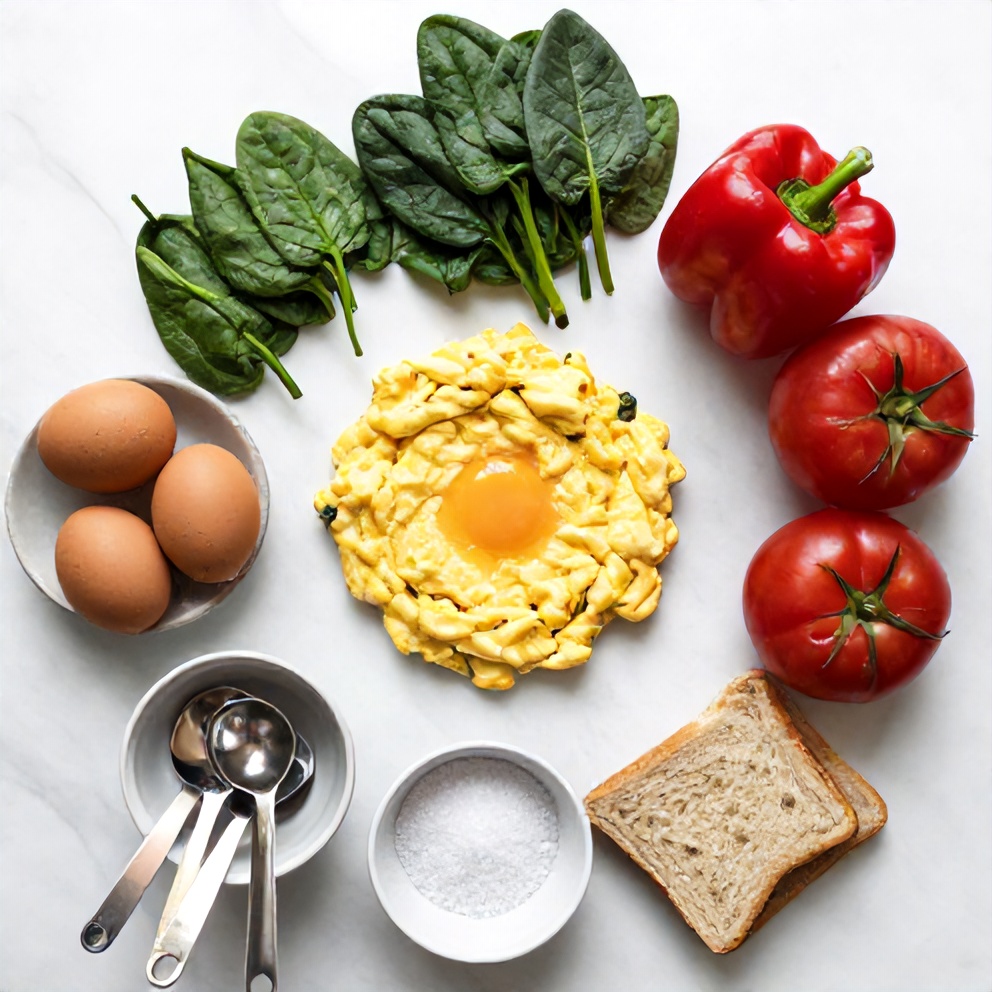 Raw ingredients for veggie scrambled eggs: eggs, spinach, bell peppers, tomatoes, salt, pepper, and bread