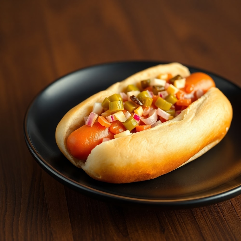 Plated Firecracker Hot Dogs with condiments