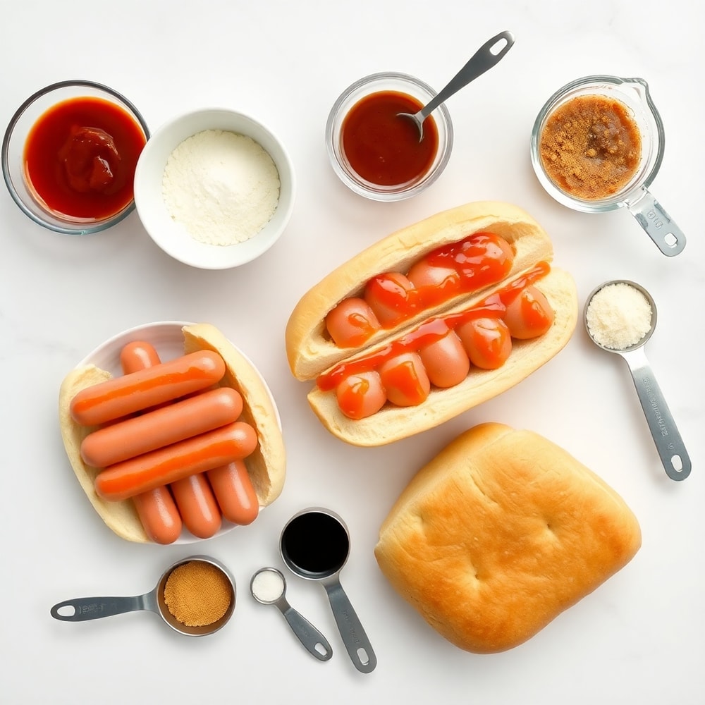 Ingredients for Firecracker Hot Dogs laid out on a wooden surface