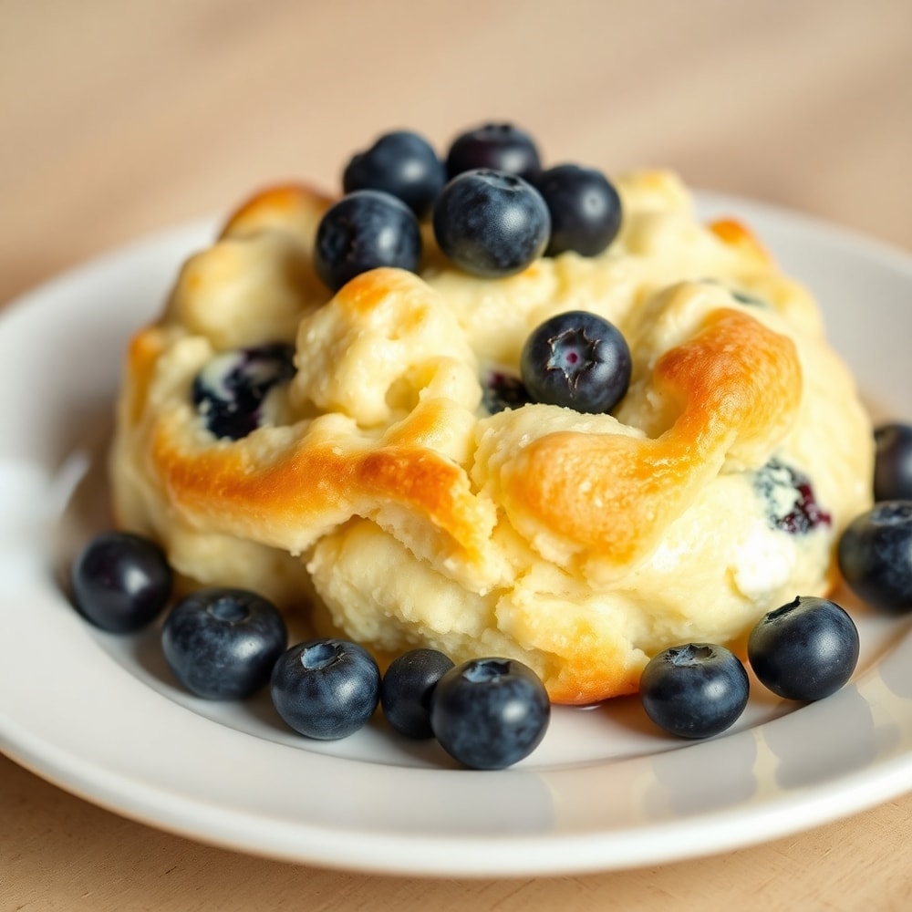 Fluffy Cottage Cheese Blueberry Cloud Bread on a plate with blueberries