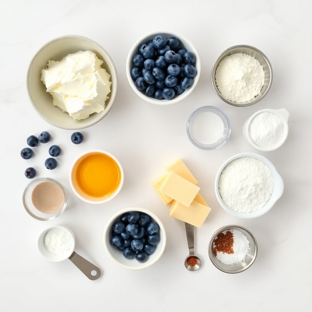 Raw ingredients for Fluffy Cottage Cheese Blueberry Cloud Bread on a marble surface