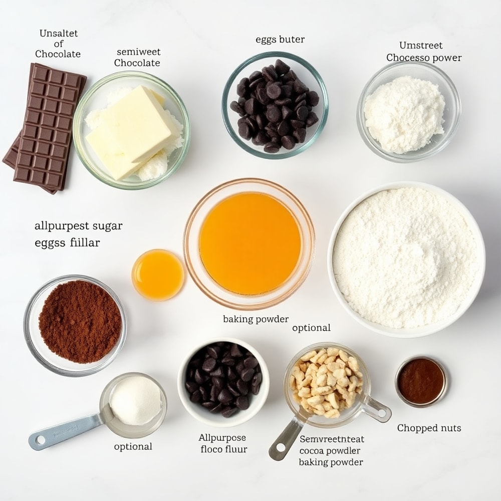 Raw ingredients for Fudgy Chocolate Brownie Cookies on a white marble surface