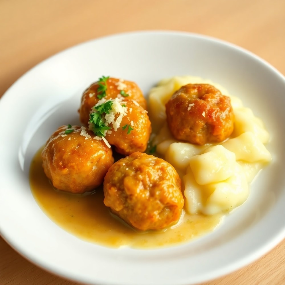 Plated garlic butter meatballs and potatoes