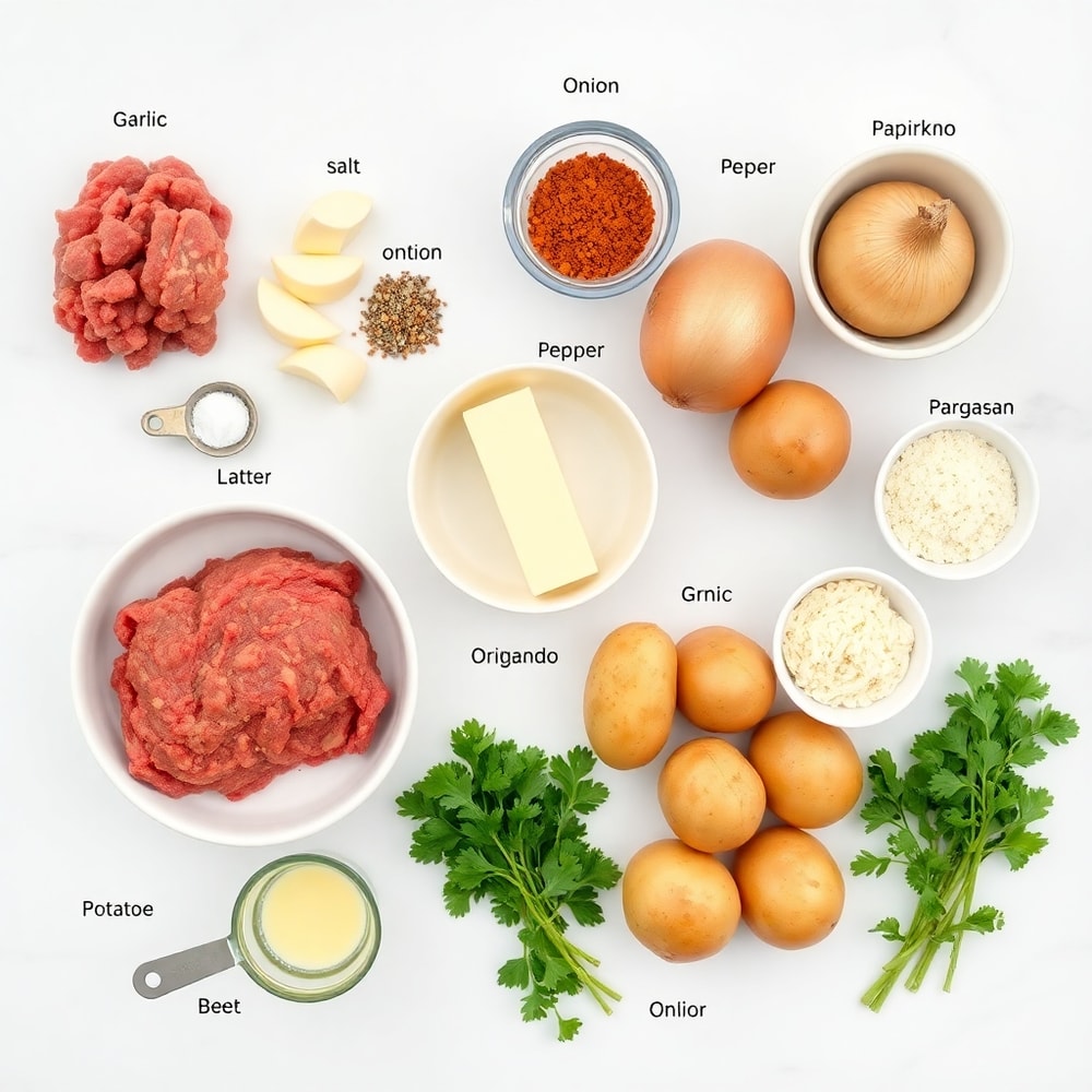 Raw ingredients for garlic butter meatballs and potatoes