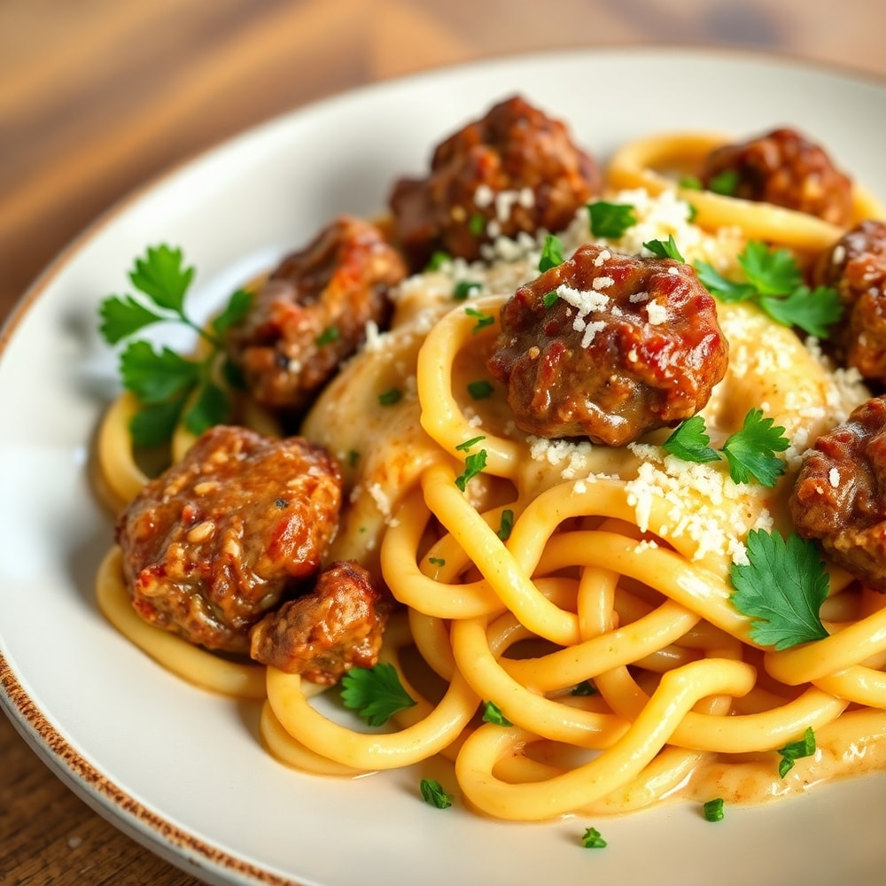 Garlic butter steak bites with spicy Cajun Alfredo twisted pasta plated