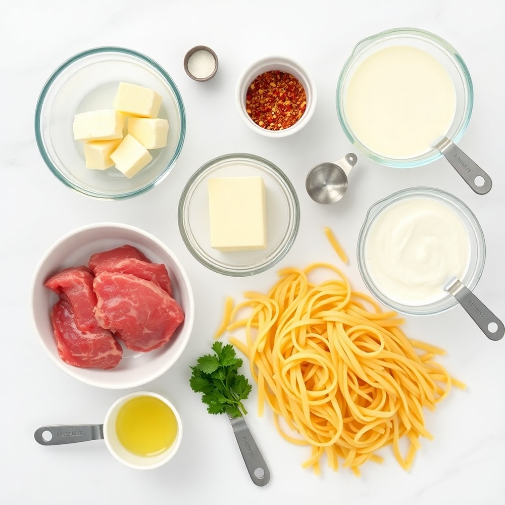 Raw ingredients for garlic butter steak bites with spicy Cajun Alfredo twisted pasta