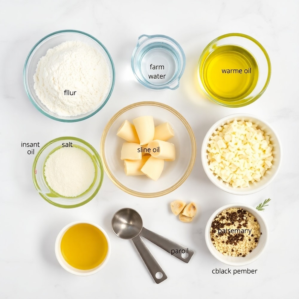 Ingredients for Garlic Parmesan Focaccia on a marble surface