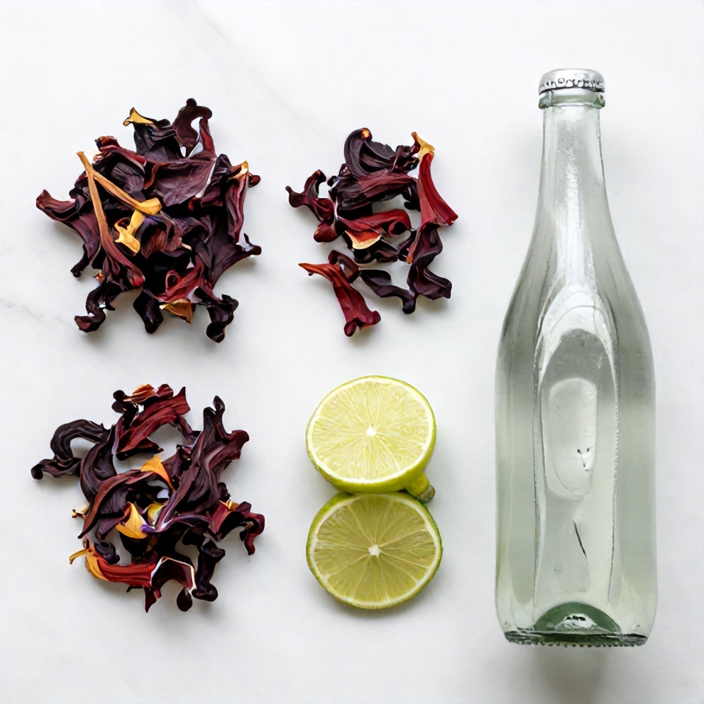 Ingredients for hibiscus lime sparkling water: dried hibiscus flowers, lime, sparkling water