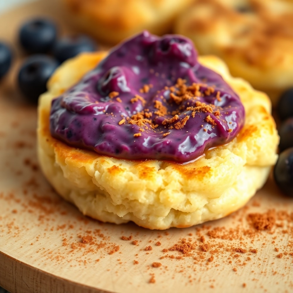 Homemade blueberry butter on a toasted biscuit