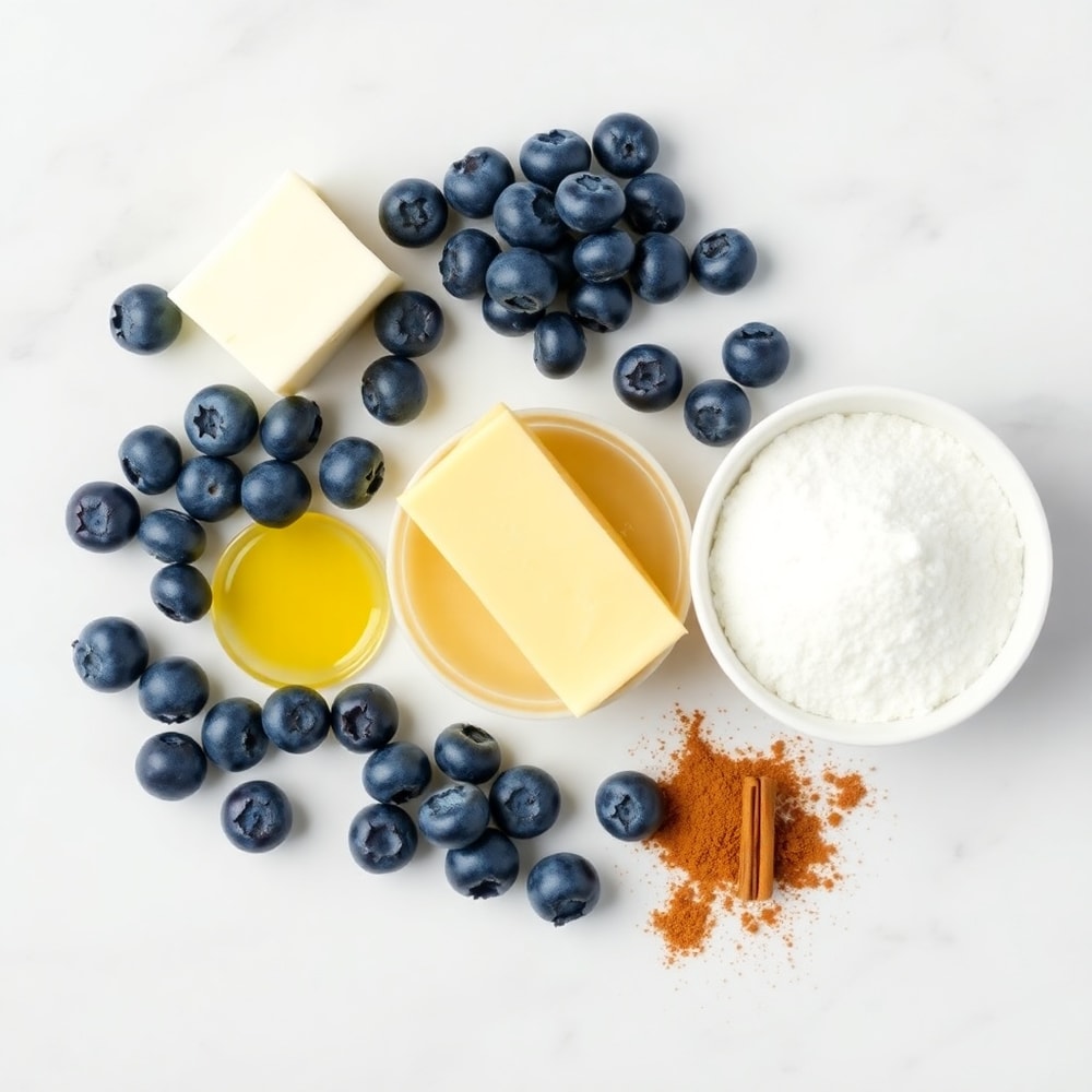 Blueberries, butter, sugar, lemon juice, and cinnamon arranged on a wooden surface