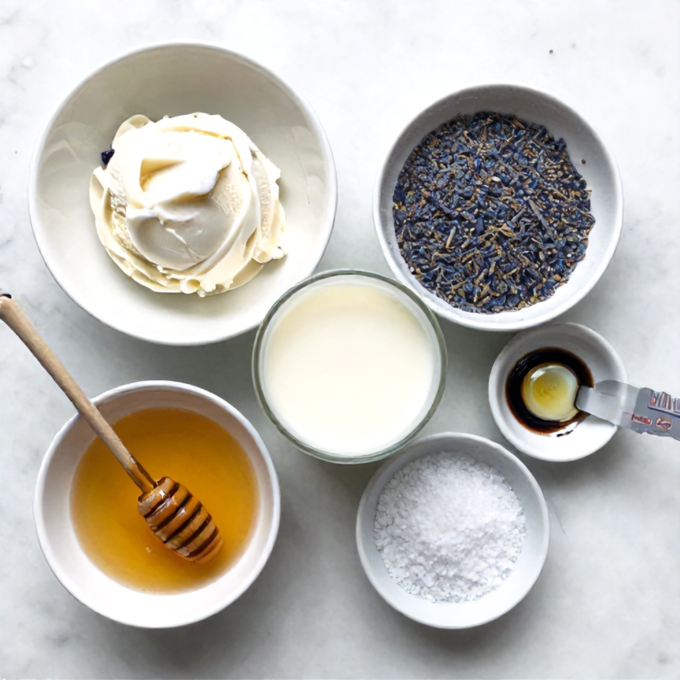 Raw Ingredients for Honey Lavender Ice Cream on Marble Surface