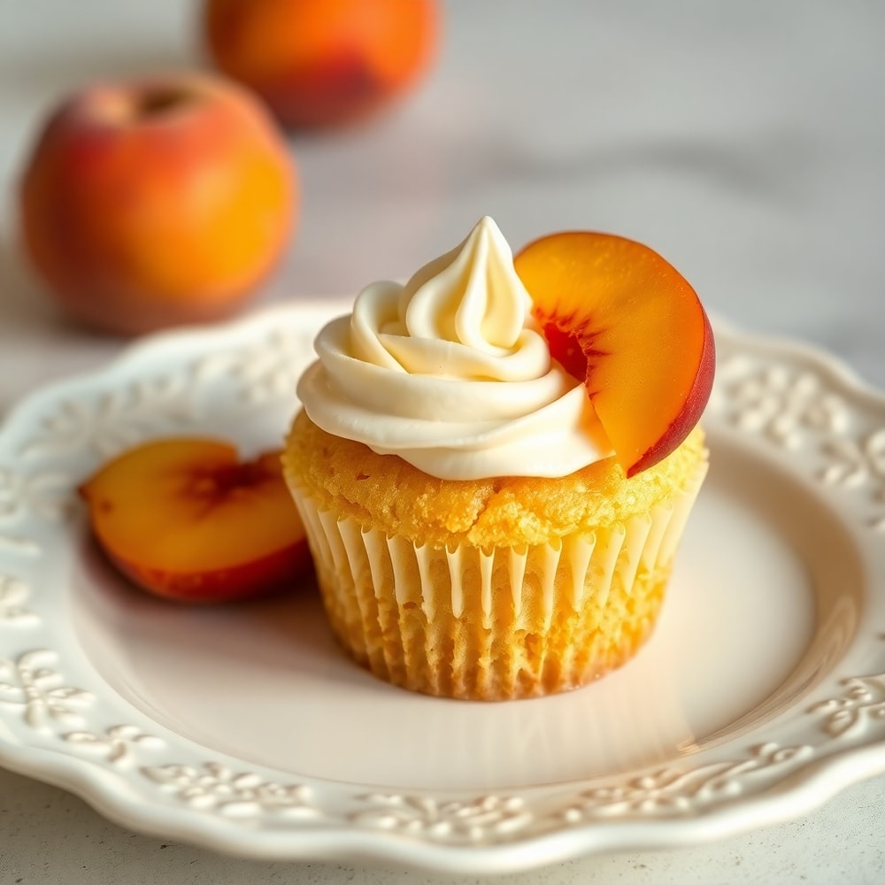 Plated Honey Peach Cream Cheese Cupcake with peach slice and cream cheese frosting