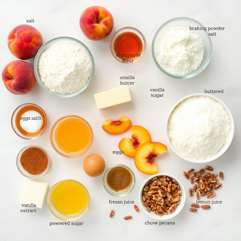 Raw ingredients for Honey Peach Cream Cheese Cupcakes including peaches, cream cheese, and honey