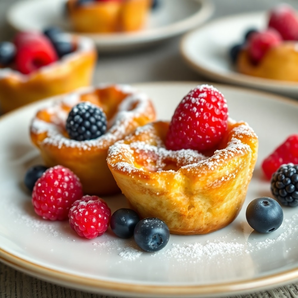 French Toast Cups plated with a dusting of powdered sugar and fresh berries