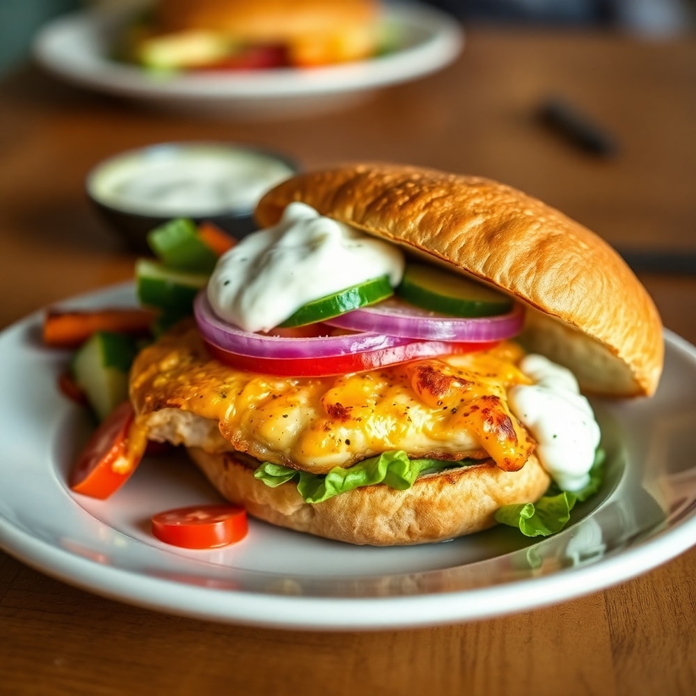 Plated Greek chicken burger with tzatziki sauce on a wooden table