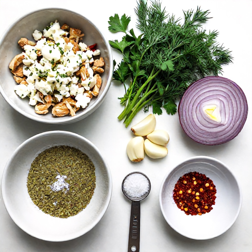 Raw ingredients for Greek chicken burgers including ground chicken, feta, and herbs