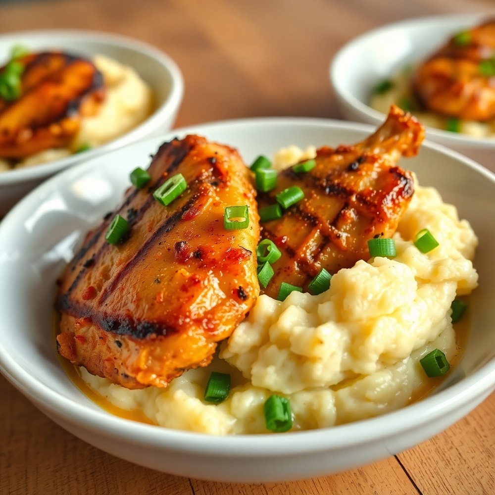 Finished juicy grilled chicken mashed potato bowls with crispy chicken skin
