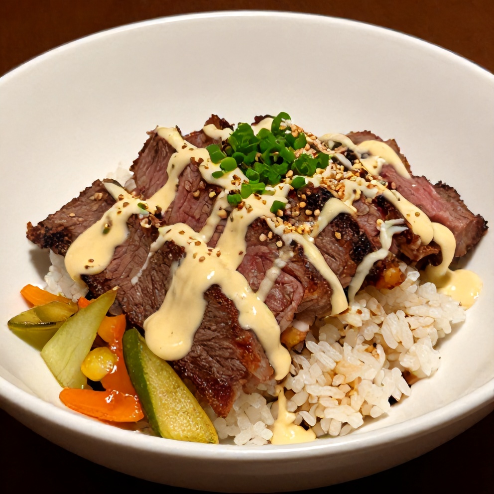 Finished Korean BBQ Steak Rice Bowls with Spicy Cream Sauce
