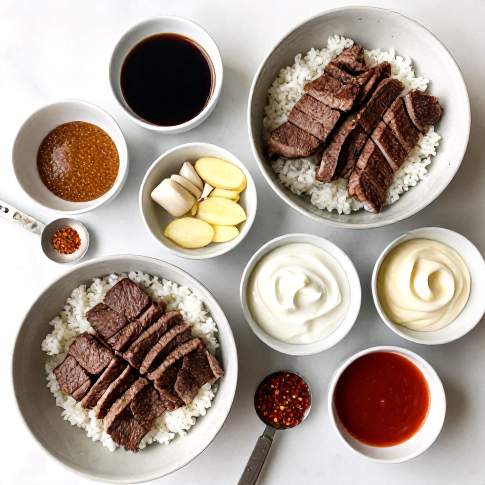Raw Ingredients for Korean BBQ Steak Rice Bowls