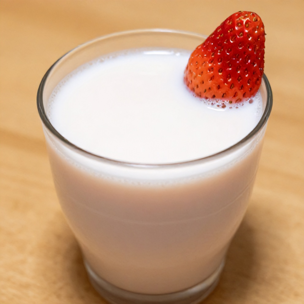 Glass of Korean strawberry milk garnished with a fresh strawberry
