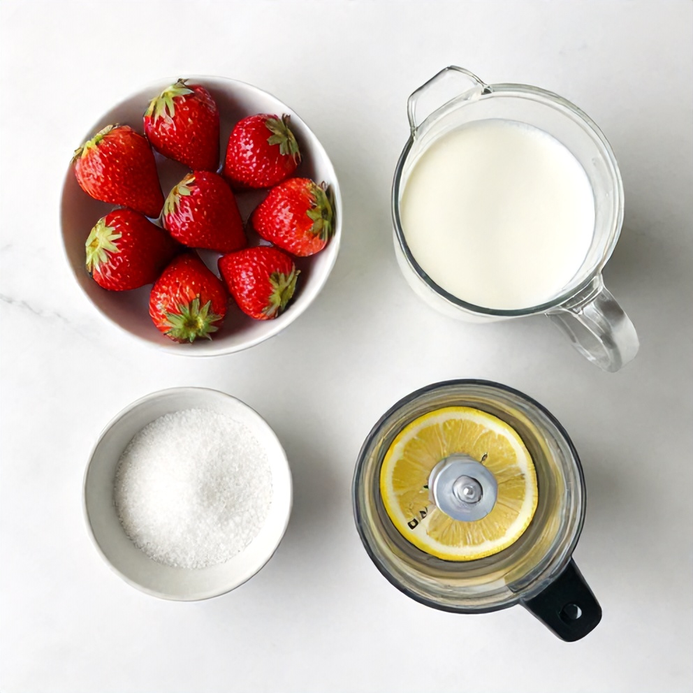 Raw ingredients for Korean strawberry milk: fresh strawberries, milk, sugar, lemon juice, and ice