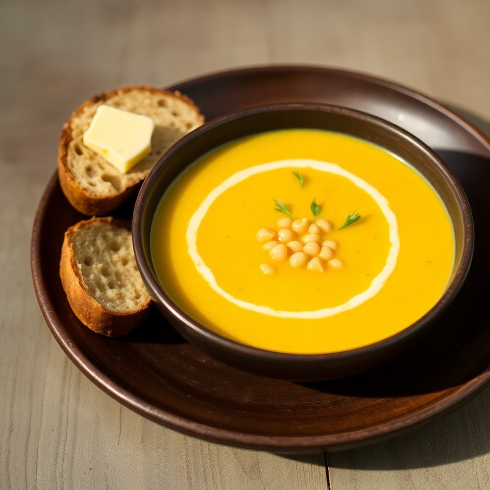 Bowl of Lemon Chickpea Orzo Soup with a side of crusty bread