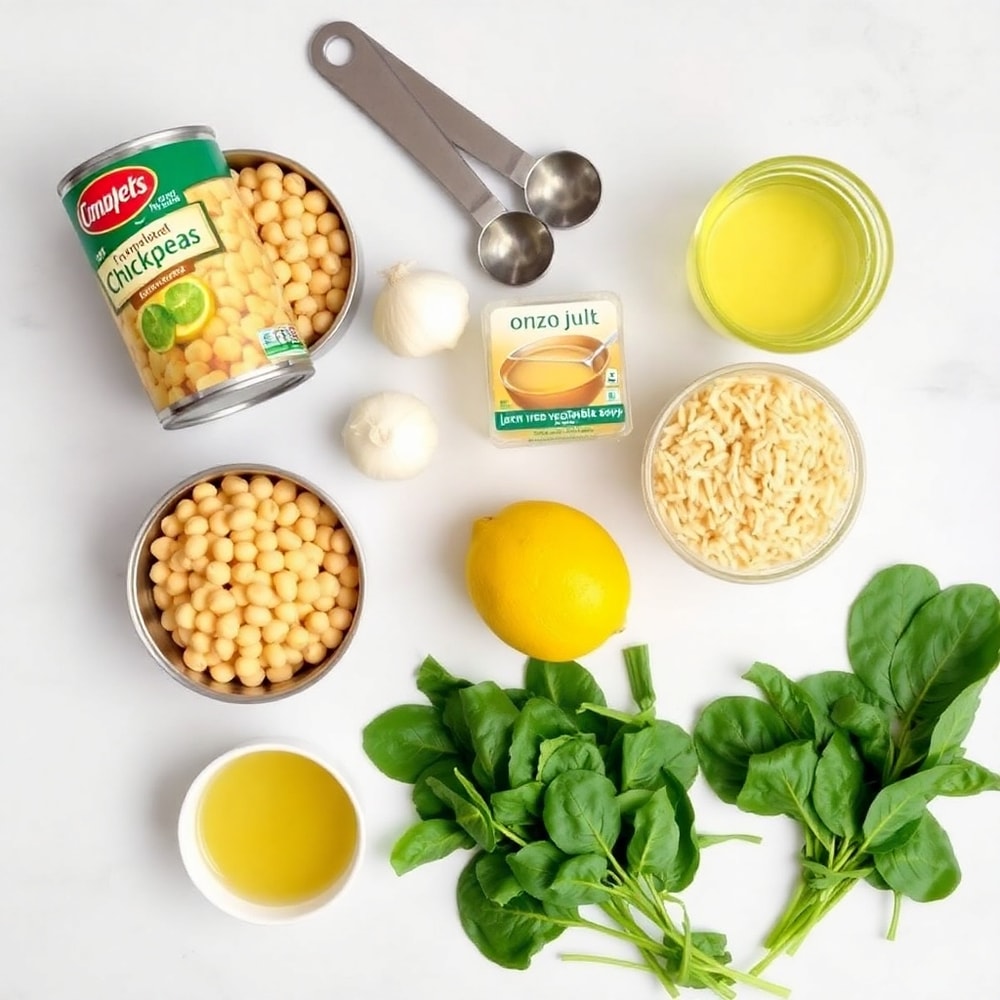 Ingredients for Lemon Chickpea Orzo Soup laid out on a wooden surface