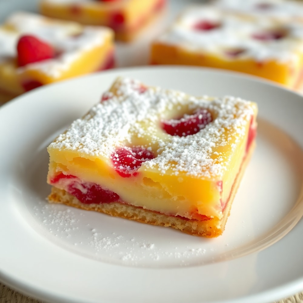 Lemon Raspberry Bars plated with a dusting of powdered sugar