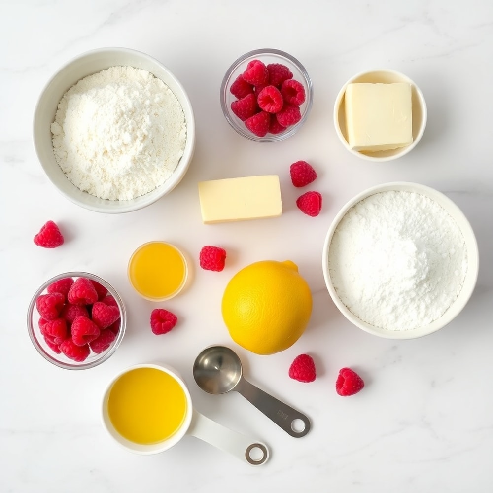Raw ingredients for Lemon Raspberry Bars on a white marble surface