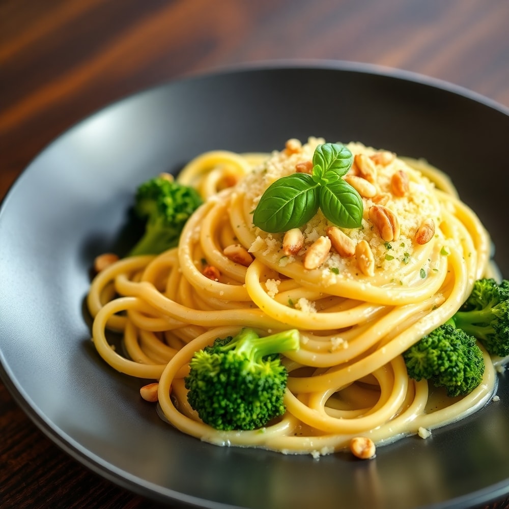 Plated serving of Creamy Mafaldine Pasta Limone with Broccoli
