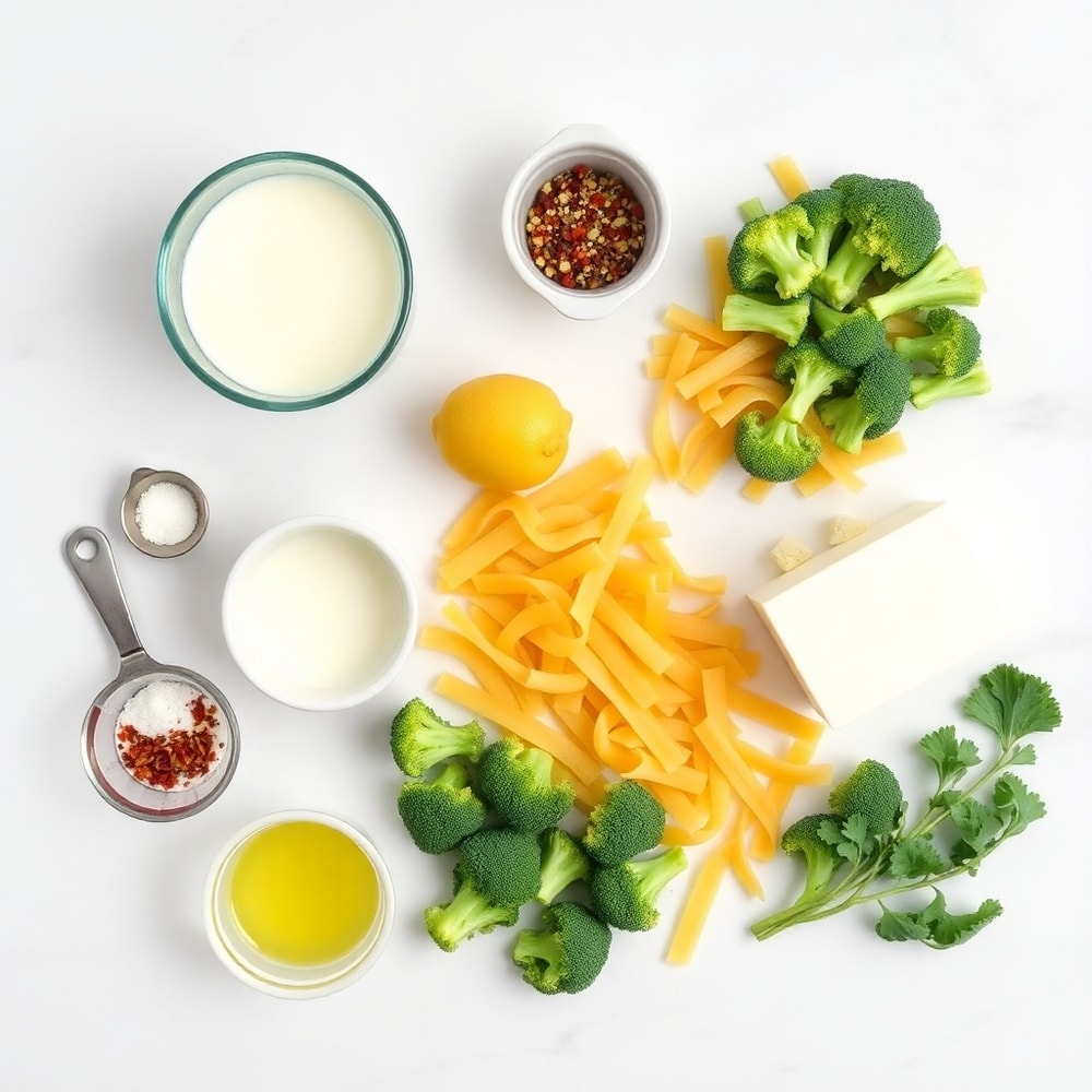 Raw ingredients for Mafaldine Pasta Limone with Broccoli